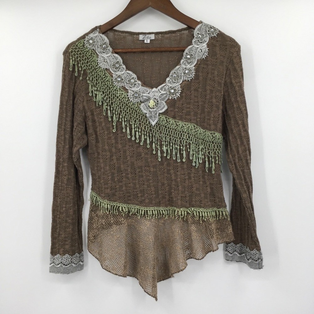 Forest Fairy Asymmetrical Hem Top Juniors XL Brown Green Fringe Crochet Grunge